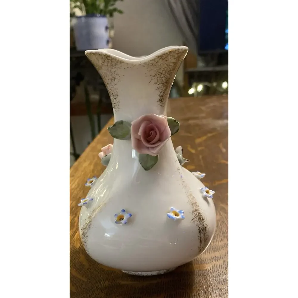 Lefton Hand-painted 6” Roses Gold Trim Blue Purple Flowers 6” Bud Vase
